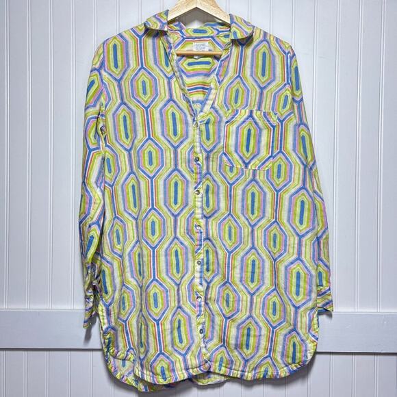 Sigrid Olsen Tunic Linen Whimsy Button Up Vibrant Geometric Hexagon Green Bright - Picture 2 of 11